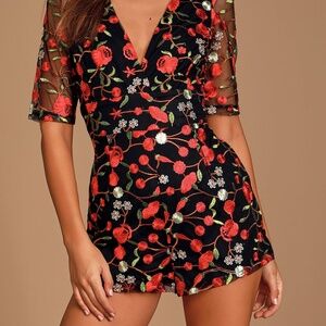 Lulu's Whirlwind Heart Black Multi Floral Embroidered Romper, Size: Medium